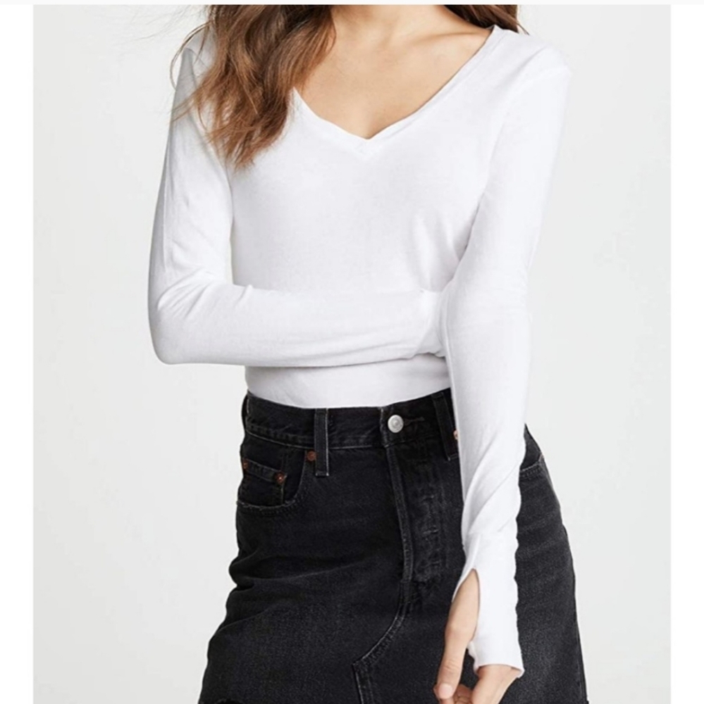 LNA White Long Sleeve Deep V-neck Tee Shirt